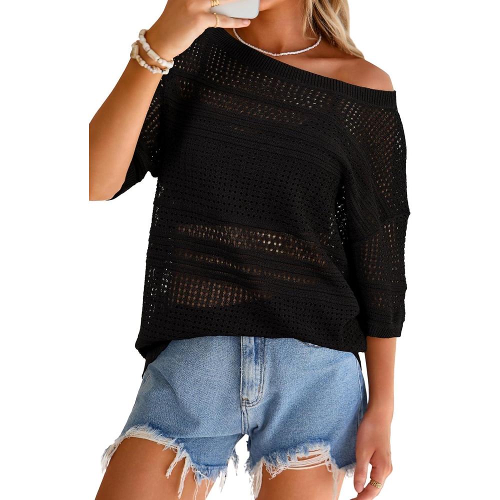 image:imageArachampCloz Womens Linen Blend Off Shoulder Summer Cover Up Beach Casual Crochet Tops Hollow Out Vacation Outfits 2026Black