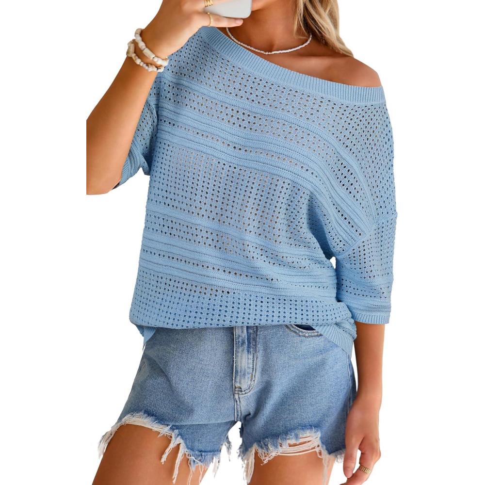 image:imageArachampCloz Womens Linen Blend Off Shoulder Summer Cover Up Beach Casual Crochet Tops Hollow Out Vacation Outfits 2026Blue