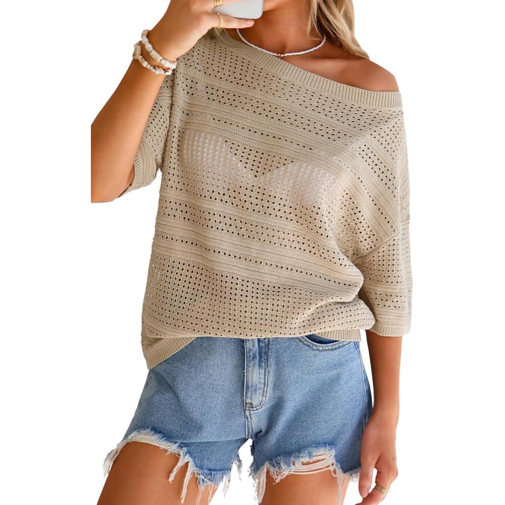 image:imageArachampCloz Womens Linen Blend Off Shoulder Summer Cover Up Beach Casual Crochet Tops Hollow Out Vacation Outfits 2026Khaki