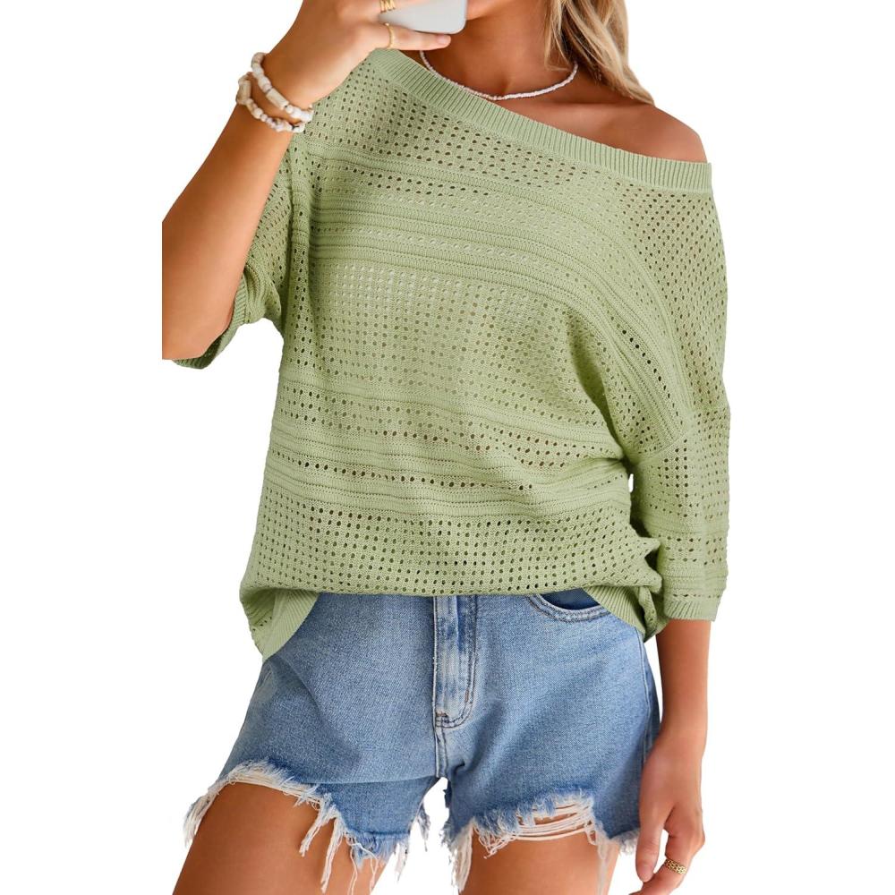 image:imageArachampCloz Womens Linen Blend Off Shoulder Summer Cover Up Beach Casual Crochet Tops Hollow Out Vacation Outfits 2026Light Green