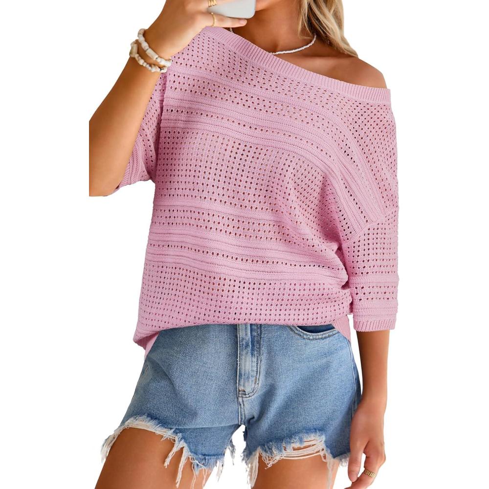 image:imageArachampCloz Womens Linen Blend Off Shoulder Summer Cover Up Beach Casual Crochet Tops Hollow Out Vacation Outfits 2026Pink