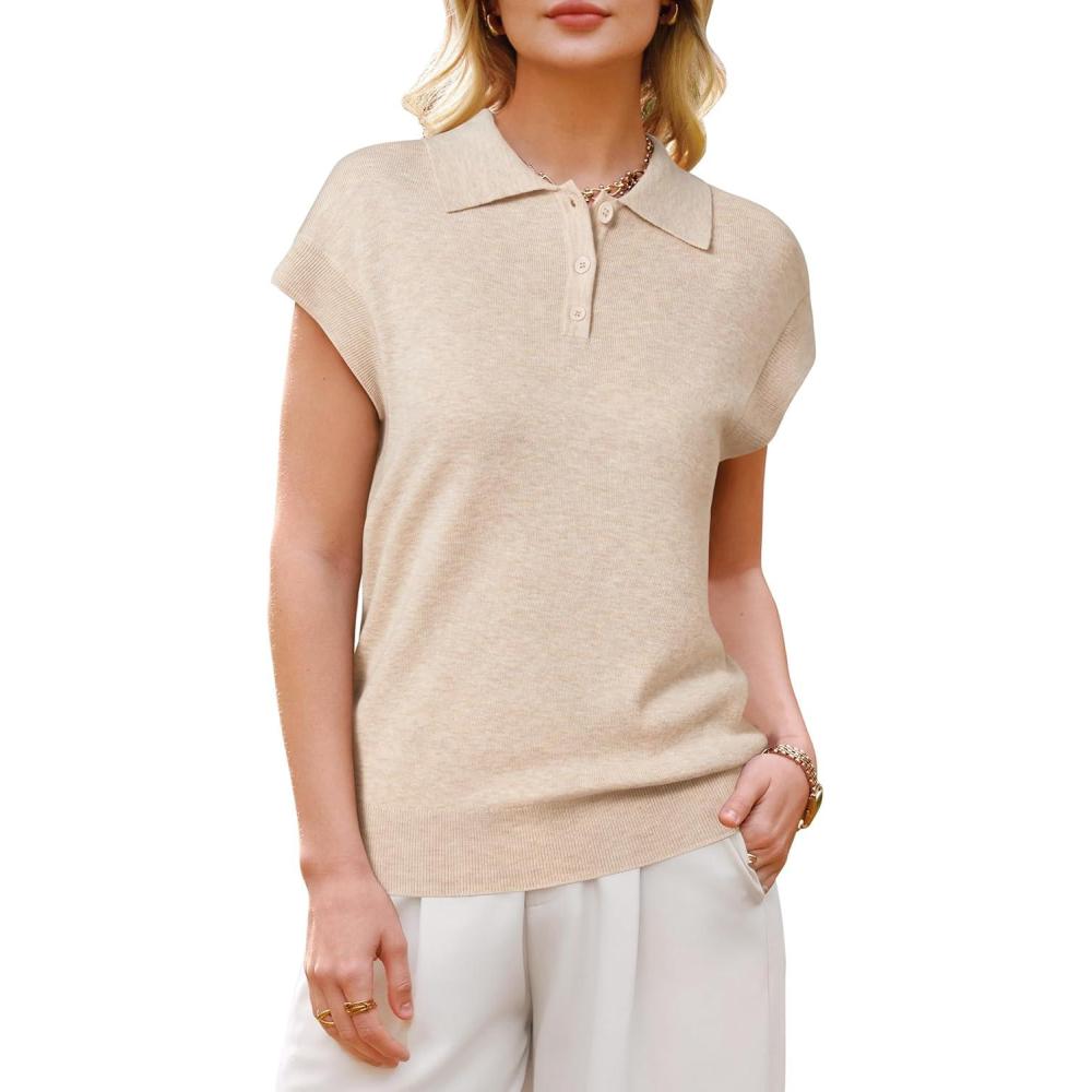 image:imageArachampCloz Womens Wool Blend Cap Sleeves Business Casual Summer Tops Sweater Vest Polo Shirts 2026Apricot