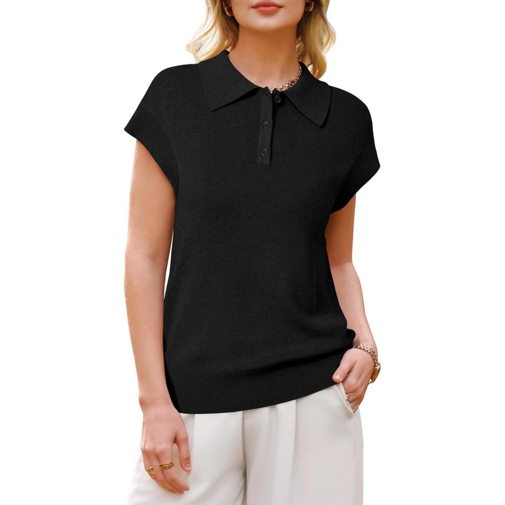 image:imageArachampCloz Womens Wool Blend Cap Sleeves Business Casual Summer Tops Sweater Vest Polo Shirts 2026Black
