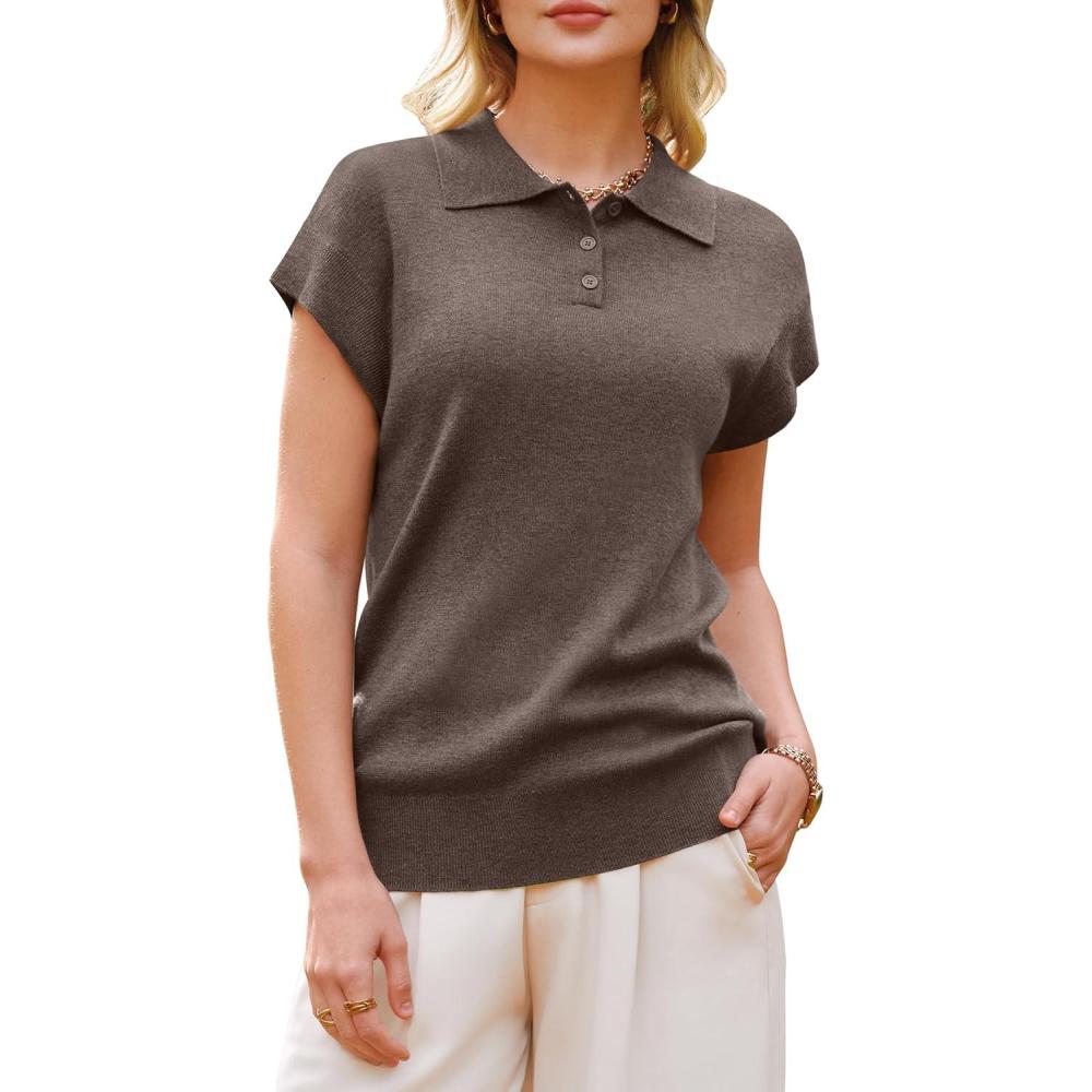 image:imageArachampCloz Womens Wool Blend Cap Sleeves Business Casual Summer Tops Sweater Vest Polo Shirts 2026Coffee