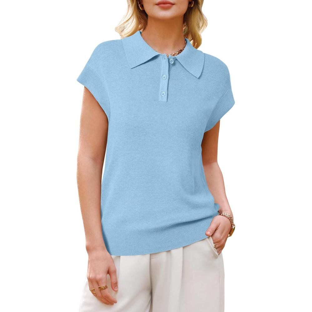 image:imageArachampCloz Womens Wool Blend Cap Sleeves Business Casual Summer Tops Sweater Vest Polo Shirts 2026Light Blue