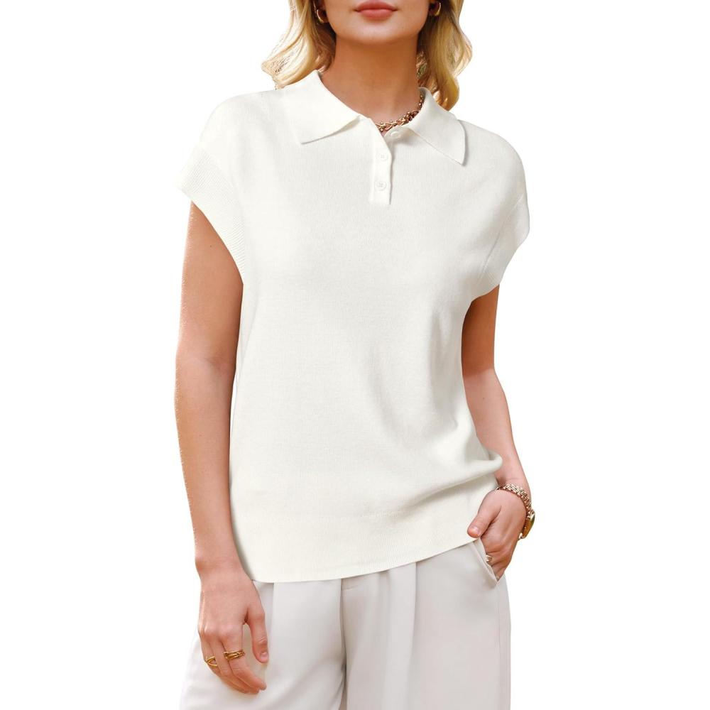 image:imageArachampCloz Womens Wool Blend Cap Sleeves Business Casual Summer Tops Sweater Vest Polo Shirts 2026Offwhite