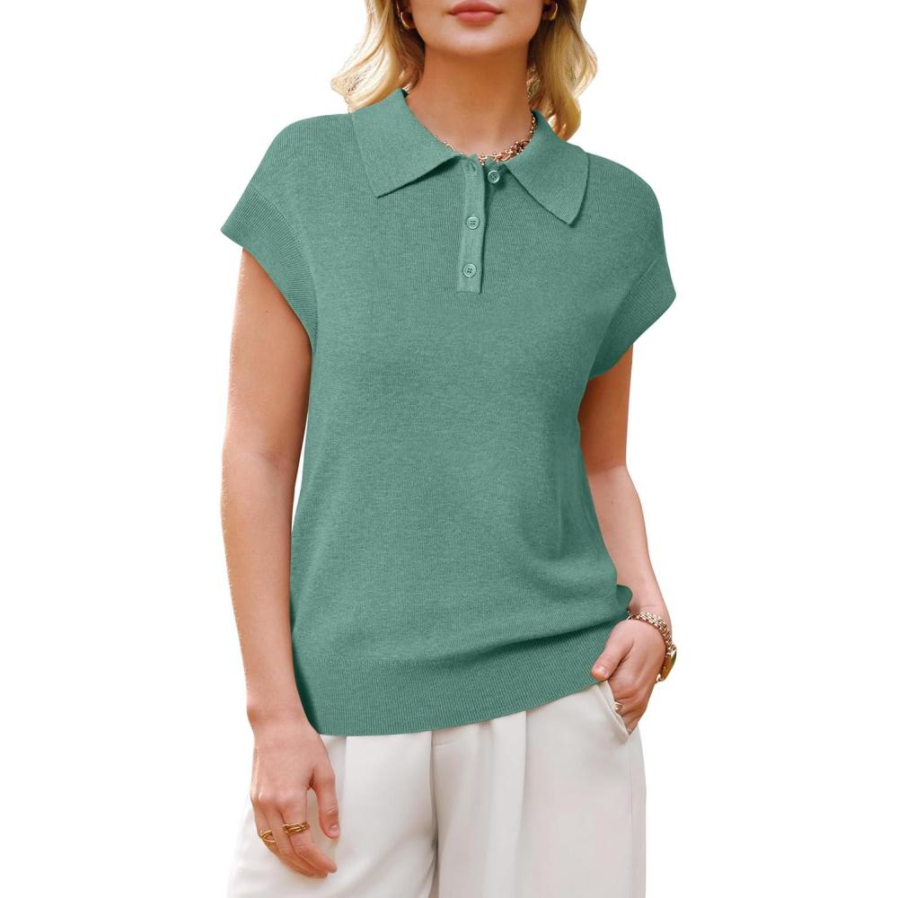 image:imageArachampCloz Womens Wool Blend Cap Sleeves Business Casual Summer Tops Sweater Vest Polo Shirts 2026Sage Green