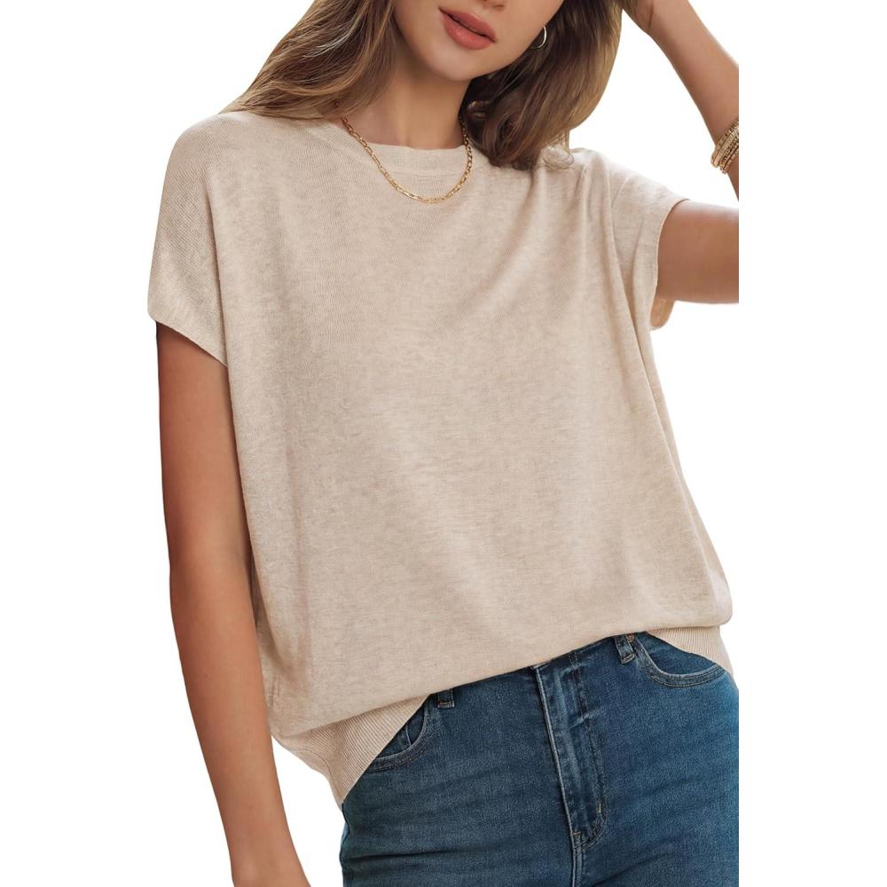 image:imageArachampCloz Womens Wool Blend Short Sleeve Oversized Sweater Business Casual Tops 2026Apricot