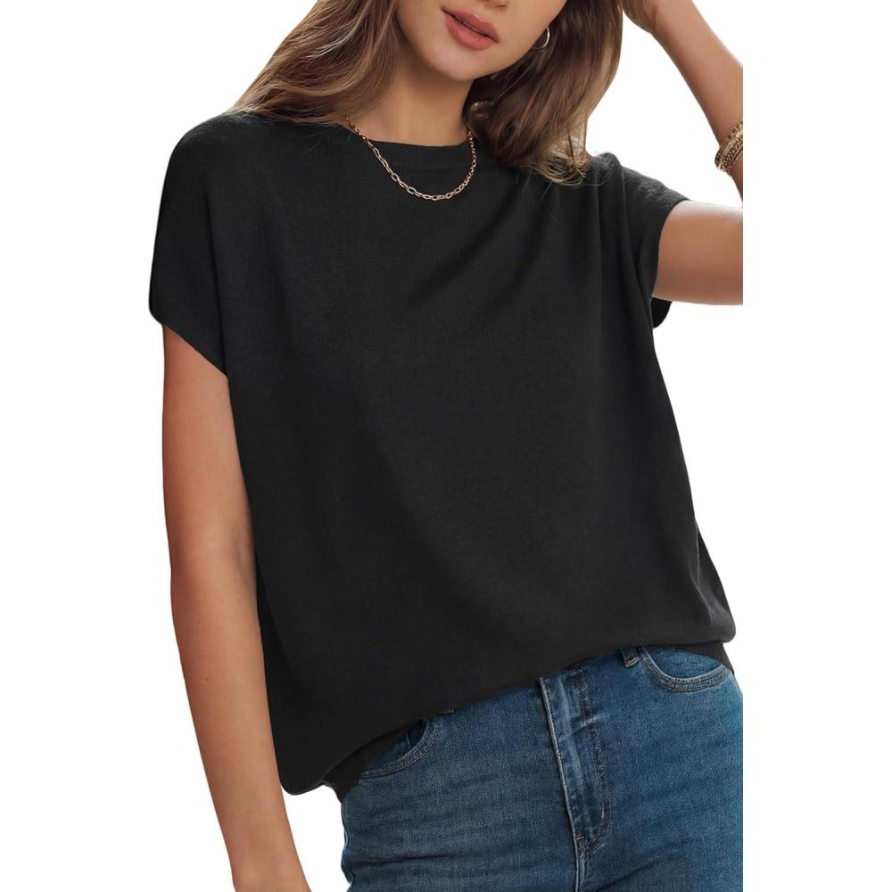image:imageArachampCloz Womens Wool Blend Short Sleeve Oversized Sweater Business Casual Tops 2026Black