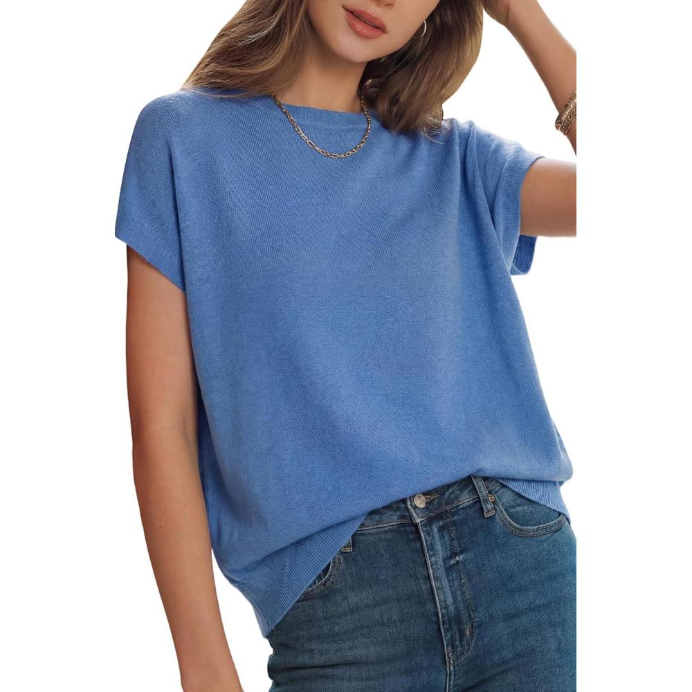 image:imageArachampCloz Womens Wool Blend Short Sleeve Oversized Sweater Business Casual Tops 2026Lake Blue