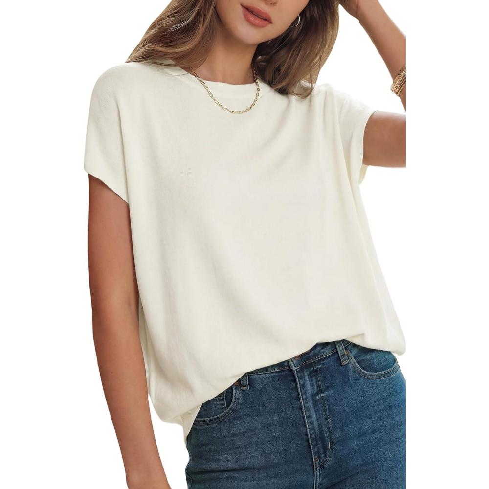 image:imageArachampCloz Womens Wool Blend Short Sleeve Oversized Sweater Business Casual Tops 2026Offwhite