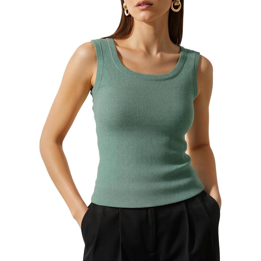 image:imageArachampCloz Womens Wool Blend Square Neck Spring Summer Basic Slim Fitted Tank Tops 2026Sage Green