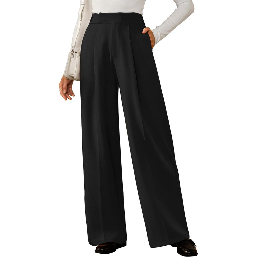 image:imageArachampCloz Womens WrinkleFree Pleated High Waisted Business Casual Wide Leg Dress Pants 2026Black