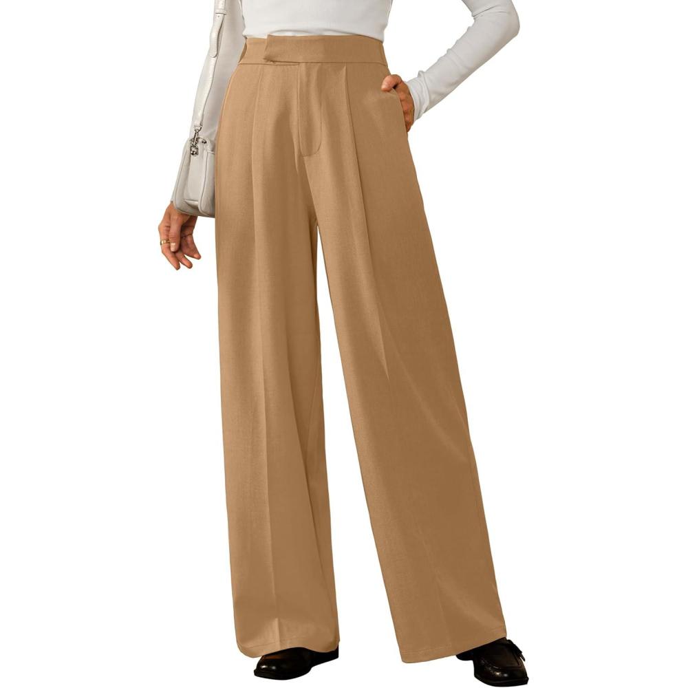 image:imageArachampCloz Womens WrinkleFree Pleated High Waisted Business Casual Wide Leg Dress Pants 2026Camel