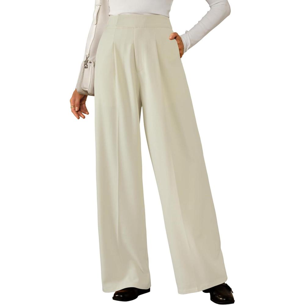 image:imageArachampCloz Womens WrinkleFree Pleated High Waisted Business Casual Wide Leg Dress Pants 2026Offwhite