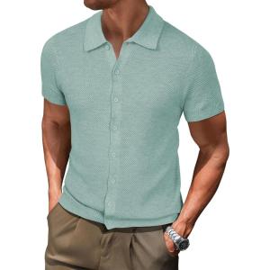 Arach&Cloz Mens Wool Blended Button Down Short Sleeve Sweater Knit 2025 Summer Fashion Dress Shirts Casual Business Golf(Light Green)