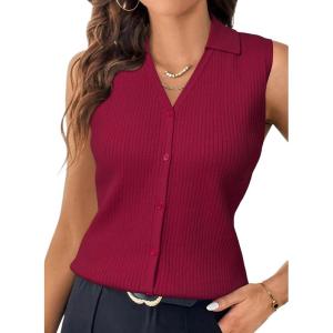 Arach&Cloz Women’s 100% Cotton Button Down Summer Business Casual Slim Fitted Tank Tops 2026(Burgundy)