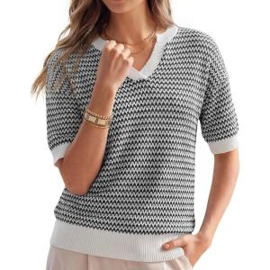 Arach&Cloz Women’s 100% Cotton Polo V Neck Striped Short Sleeve Spring Casual Pullover Sweaters 2026(Black)