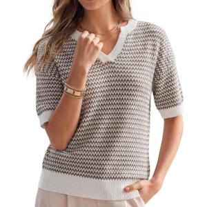 Arach&Cloz Women’s 100% Cotton Polo V Neck Striped Short Sleeve Spring Casual Pullover Sweaters 2026(Brown)