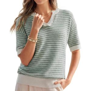 Arach&Cloz Women’s 100% Cotton Polo V Neck Striped Short Sleeve Spring Casual Pullover Sweaters 2026(Green)