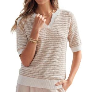 Arach&Cloz Women’s 100% Cotton Polo V Neck Striped Short Sleeve Spring Casual Pullover Sweaters 2026(Khaki)