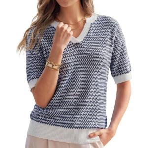 Arach&Cloz Women’s 100% Cotton Polo V Neck Striped Short Sleeve Spring Casual Pullover Sweaters 2026(Navy)