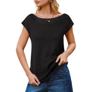 Arach&Cloz Women’s Cashmere Blend Cap Sleeve Hollow Out Smart Casual Sweater Vests Tank Summer Tops 2026(Black)