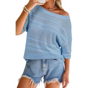 Arach&Cloz Women’s Linen Blend Off Shoulder Summer Cover Up Beach Casual Crochet Tops Hollow Out Vacation Outfits 2026(Blue)