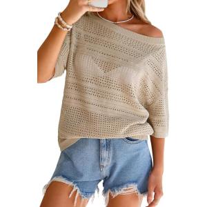 Arach&Cloz Women’s Linen Blend Off Shoulder Summer Cover Up Beach Casual Crochet Tops Hollow Out Vacation Outfits 2026(Khaki)