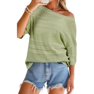 Arach&Cloz Women’s Linen Blend Off Shoulder Summer Cover Up Beach Casual Crochet Tops Hollow Out Vacation Outfits 2026(Light Green)