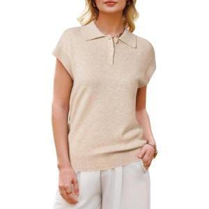 Arach&Cloz Women’s Wool Blend Cap Sleeves Business Casual Summer Tops Sweater Vest Polo Shirts 2026(Apricot)