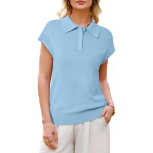 Arach&Cloz Women’s Wool Blend Cap Sleeves Business Casual Summer Tops Sweater Vest Polo Shirts 2026(Light Blue)