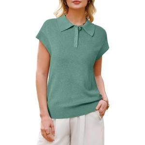 Arach&Cloz Women’s Wool Blend Cap Sleeves Business Casual Summer Tops Sweater Vest Polo Shirts 2026(Sage Green)