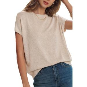 Arach&Cloz Women’s Wool Blend Short Sleeve Oversized Sweater Business Casual Tops 2026(Apricot)
