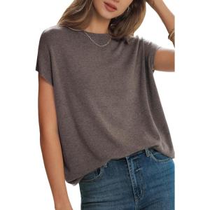 Arach&Cloz Women’s Wool Blend Short Sleeve Oversized Sweater Business Casual Tops 2026(Coffee)