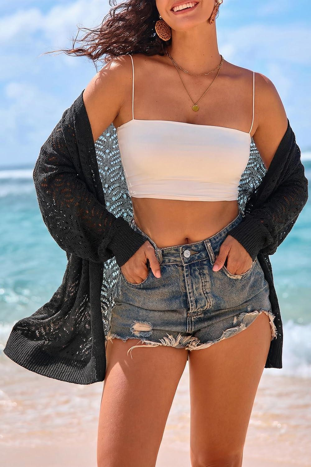 image:imageArachampCloz Womens Crochet Cover Up Linen Blend Open Front Beach Oversized Kimonos 2026Black