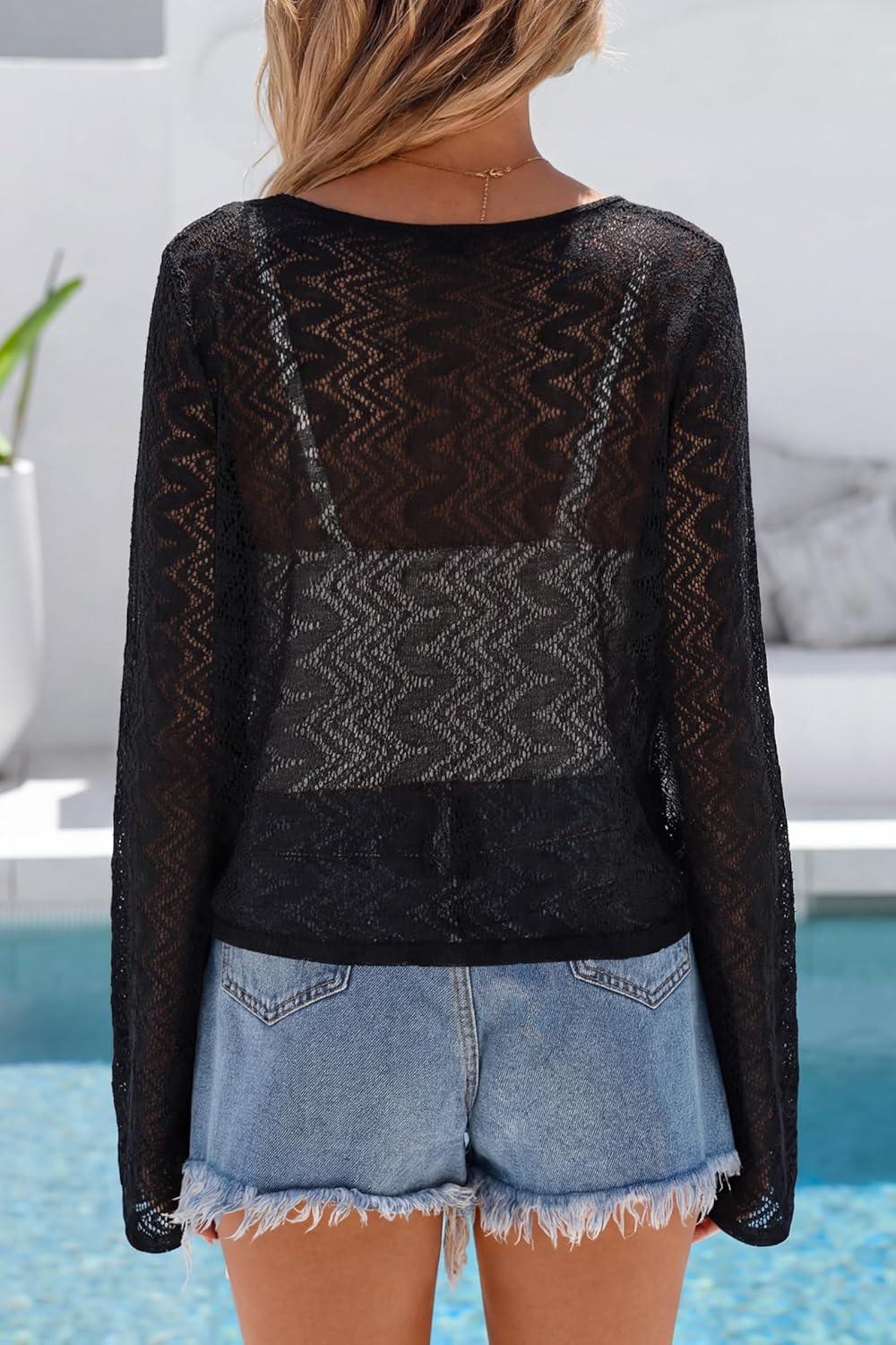 image:imageArachampCloz Womens Linen Blend Tie Front Crochet Bolero Shrug Beach Cropped Lightweight Cardigan 2026Black