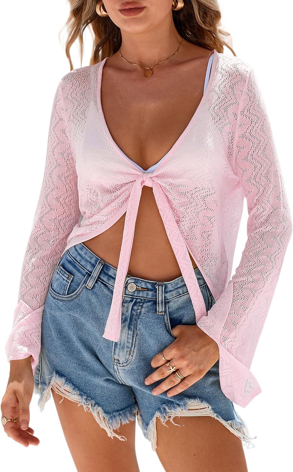 image:imageArachampCloz Womens Linen Blend Tie Front Crochet Bolero Shrug Beach Cropped Lightweight Cardigan 2026Pink