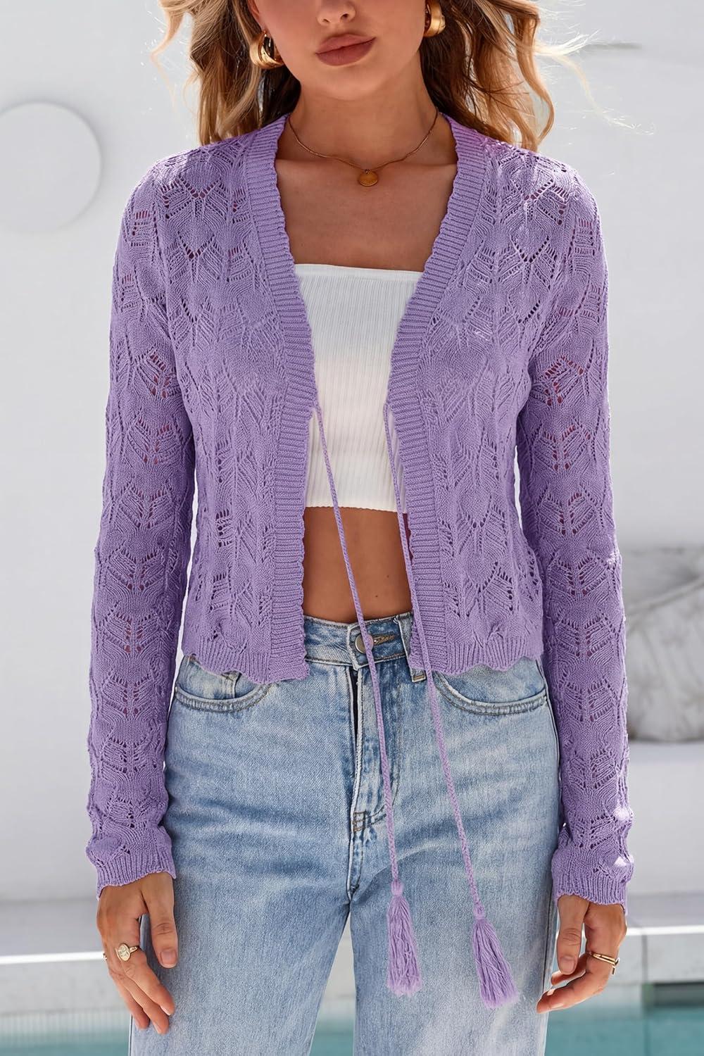 image:imageArachampCloz Womens Linen Tie Front Crochet Spring Shrug Beach Vacation Cropped CardiganPurple