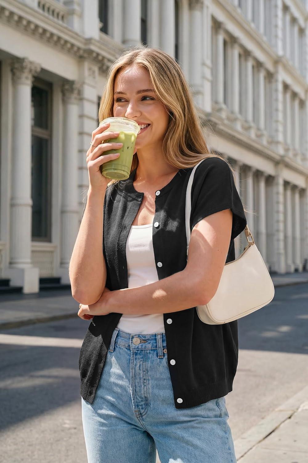 image:imageArachampCloz Womens Wool Blend Batwing Short Sleeve Button Up Summer Oversized Cardigan SweatersBlack