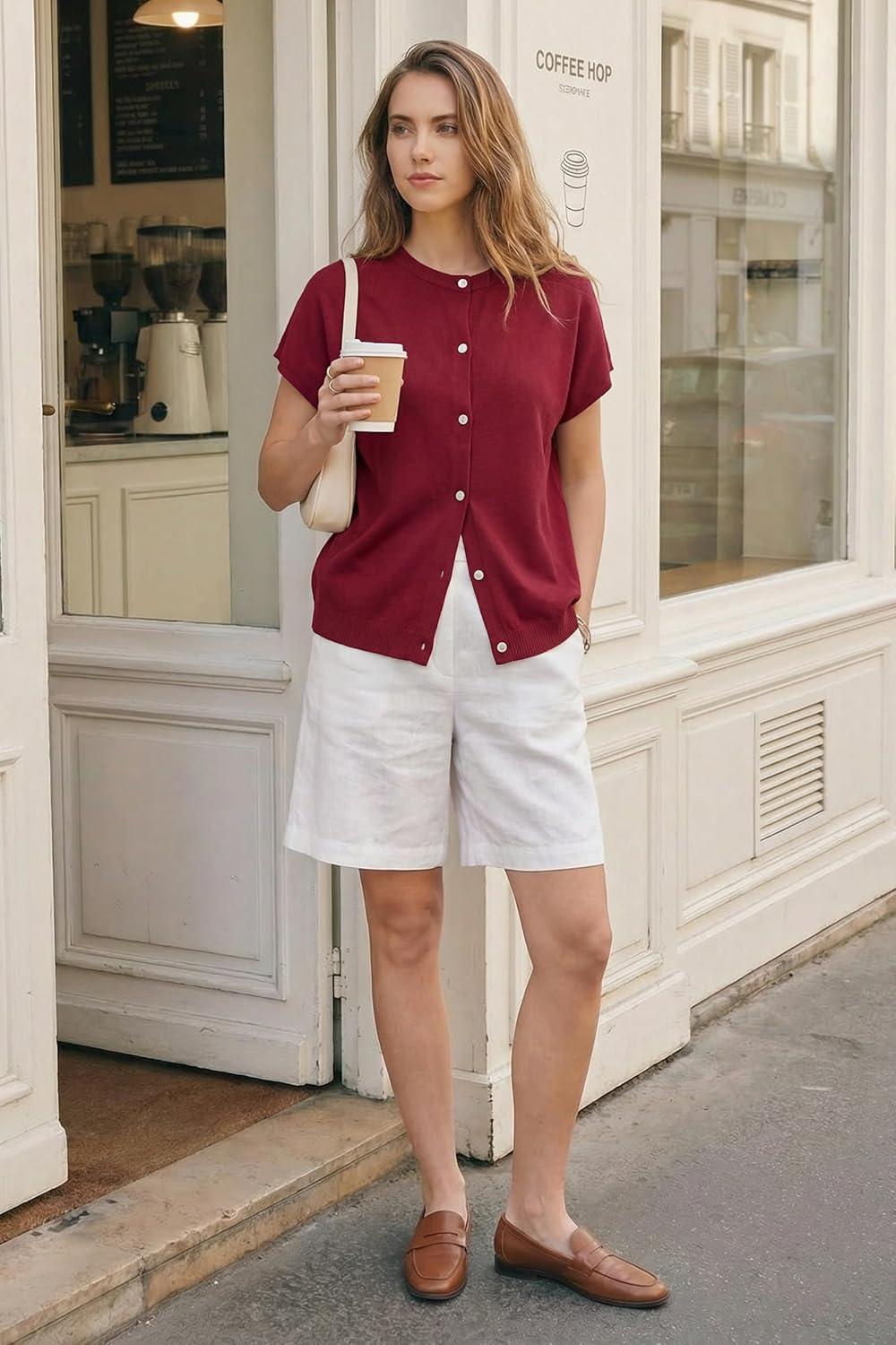 image:imageArachampCloz Womens Wool Blend Batwing Short Sleeve Button Up Summer Oversized Cardigan SweatersBurgundy