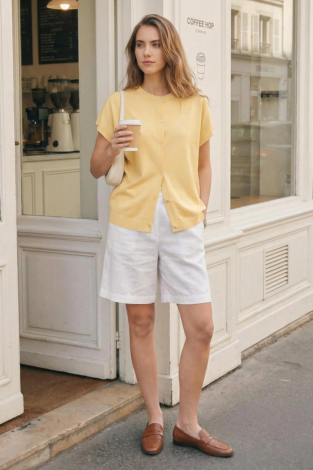image:imageArachampCloz Womens Wool Blend Batwing Short Sleeve Button Up Summer Oversized Cardigan SweatersYellow