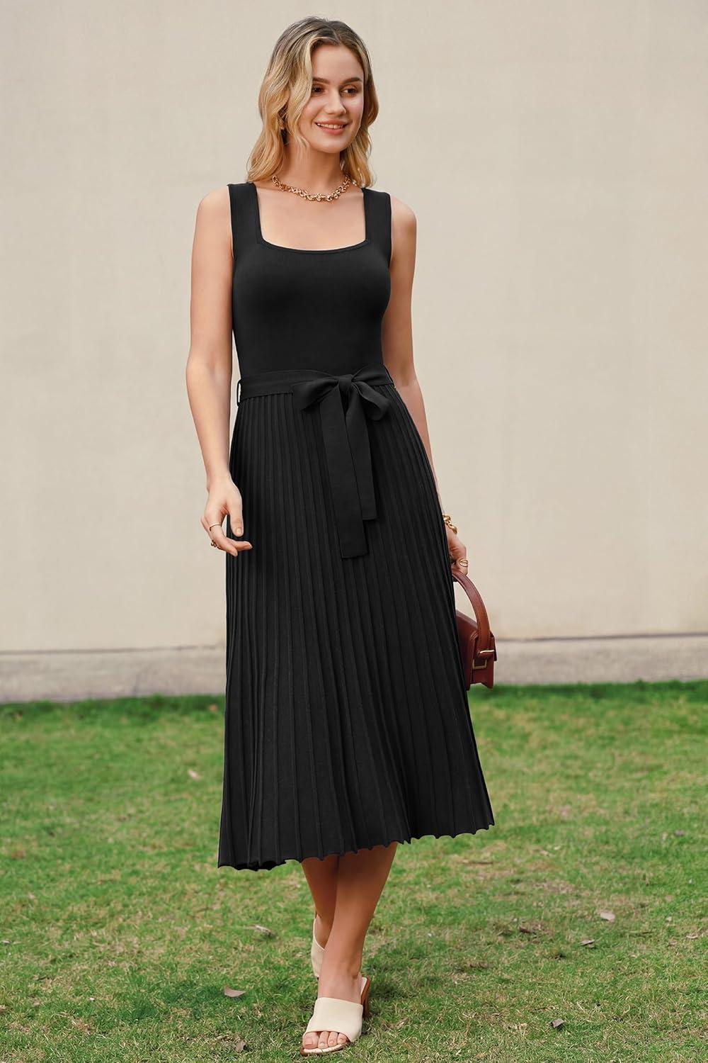 image:imageArachampCloz Womens Wool Blend Square Neck Tie Waist Pleated Summer Sweater Dress 2026Black