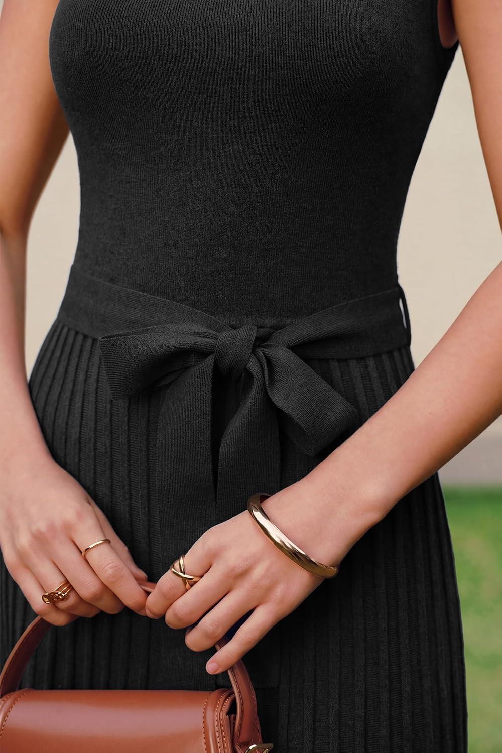 image:imageArachampCloz Womens Wool Blend Square Neck Tie Waist Pleated Summer Sweater Dress 2026Black