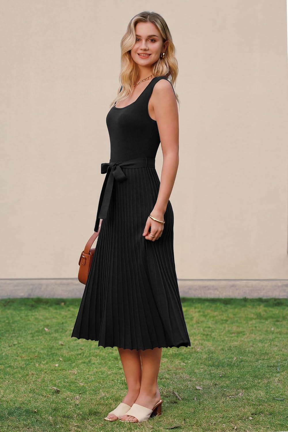 image:imageArachampCloz Womens Wool Blend Square Neck Tie Waist Pleated Summer Sweater Dress 2026Black