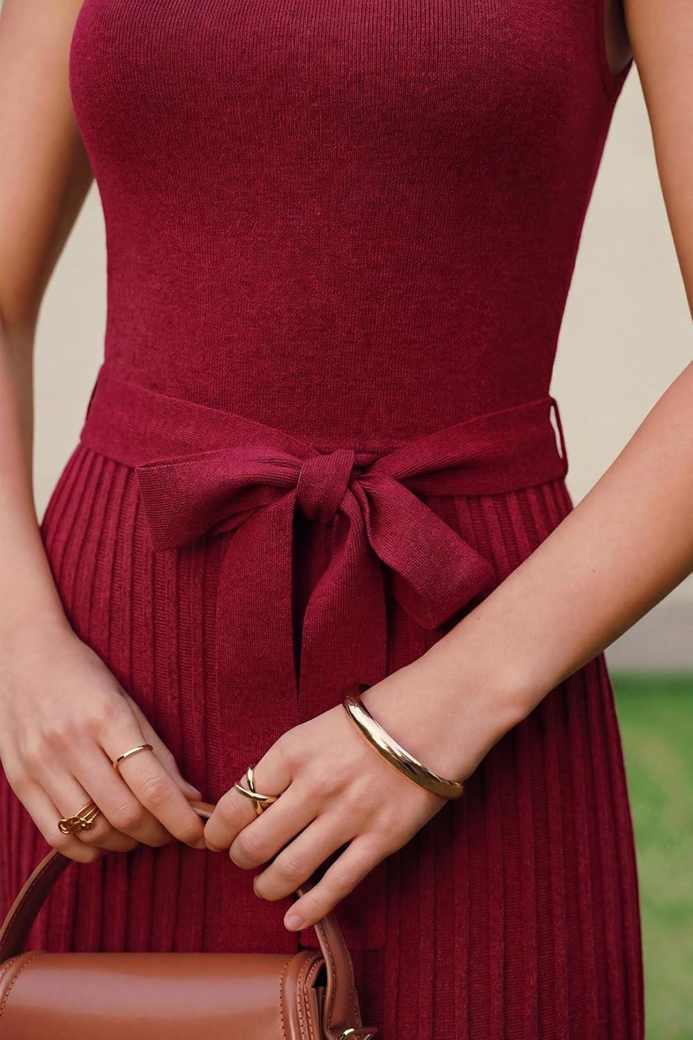 image:imageArachampCloz Womens Wool Blend Square Neck Tie Waist Pleated Summer Sweater Dress 2026Burgundy