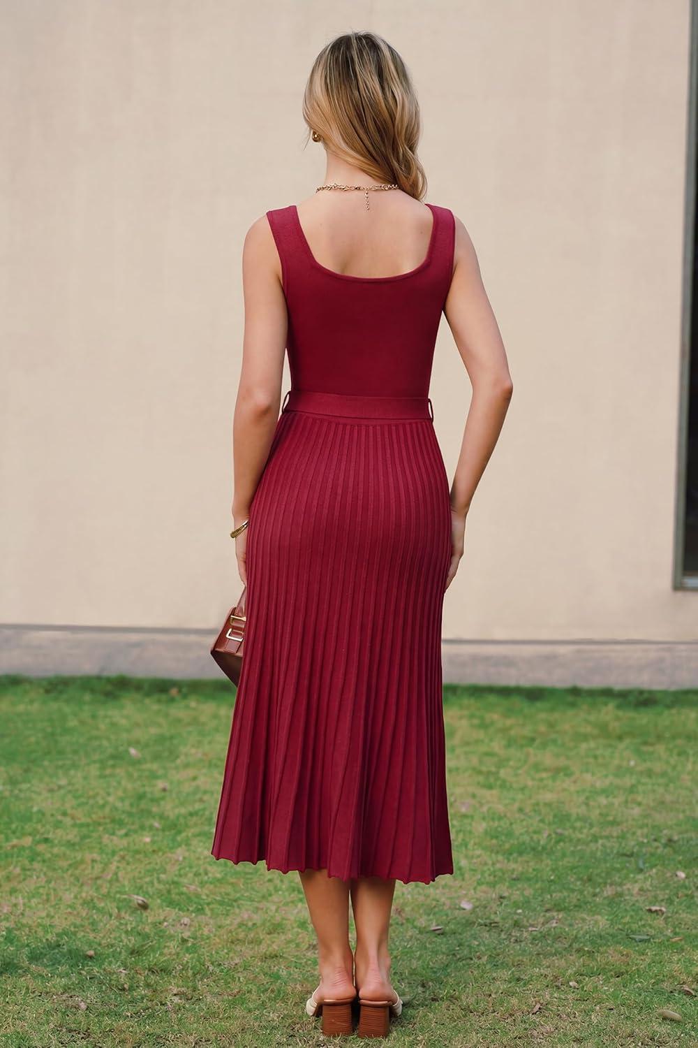 image:imageArachampCloz Womens Wool Blend Square Neck Tie Waist Pleated Summer Sweater Dress 2026Burgundy