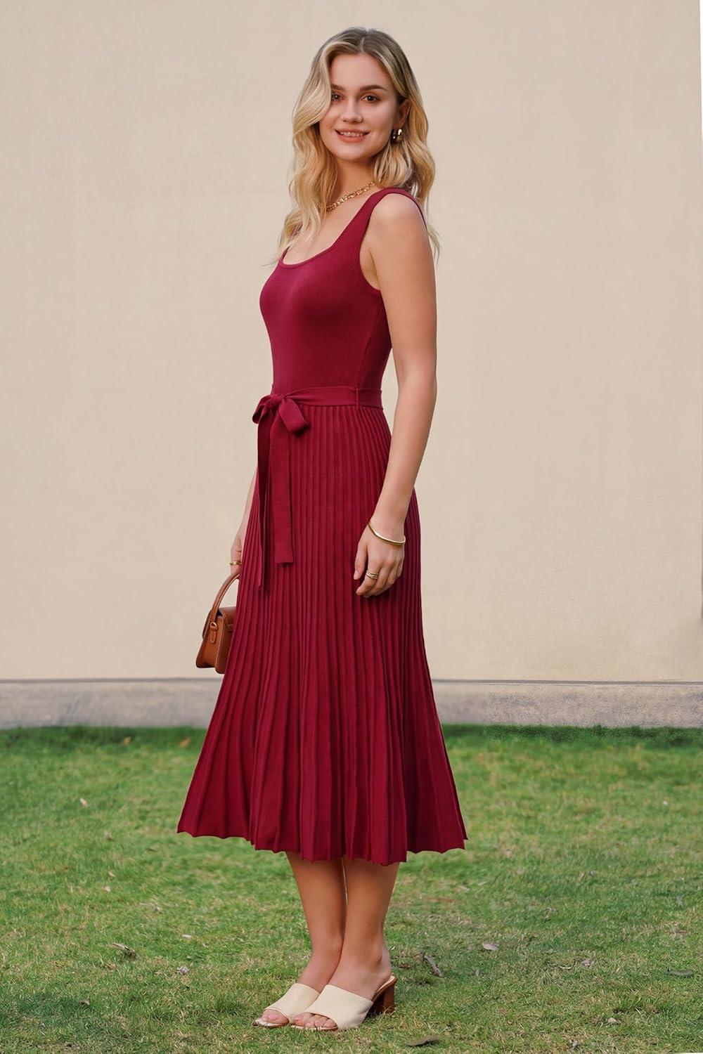 image:imageArachampCloz Womens Wool Blend Square Neck Tie Waist Pleated Summer Sweater Dress 2026Burgundy