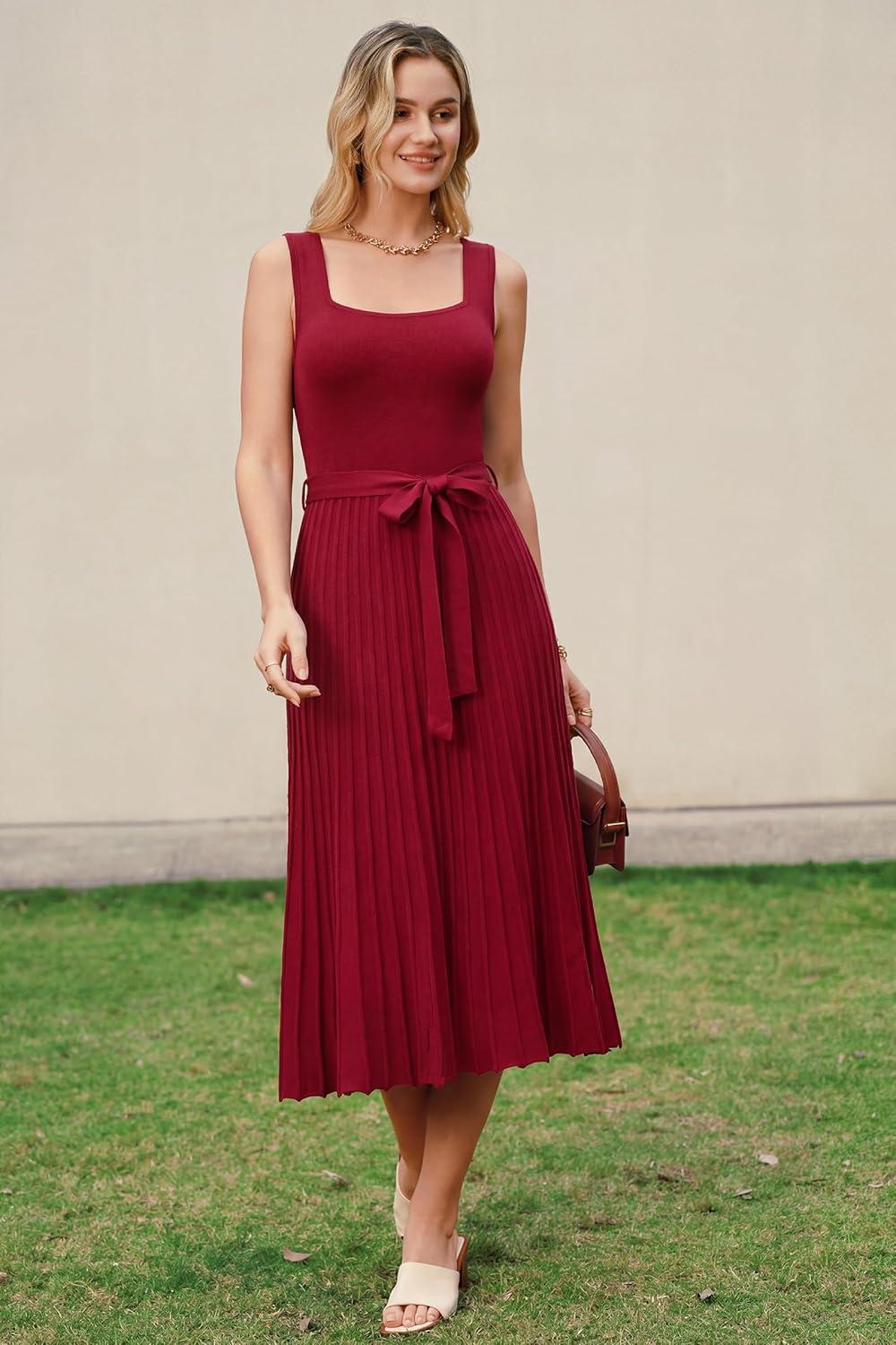 image:imageArachampCloz Womens Wool Blend Square Neck Tie Waist Pleated Summer Sweater Dress 2026Burgundy