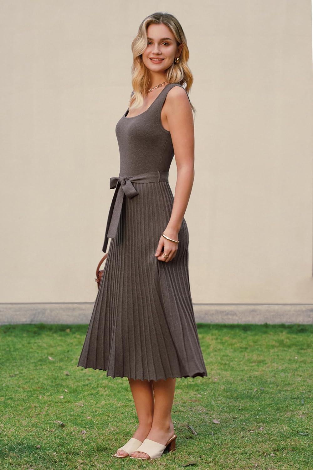 image:imageArachampCloz Womens Wool Blend Square Neck Tie Waist Pleated Summer Sweater Dress 2026Coffee